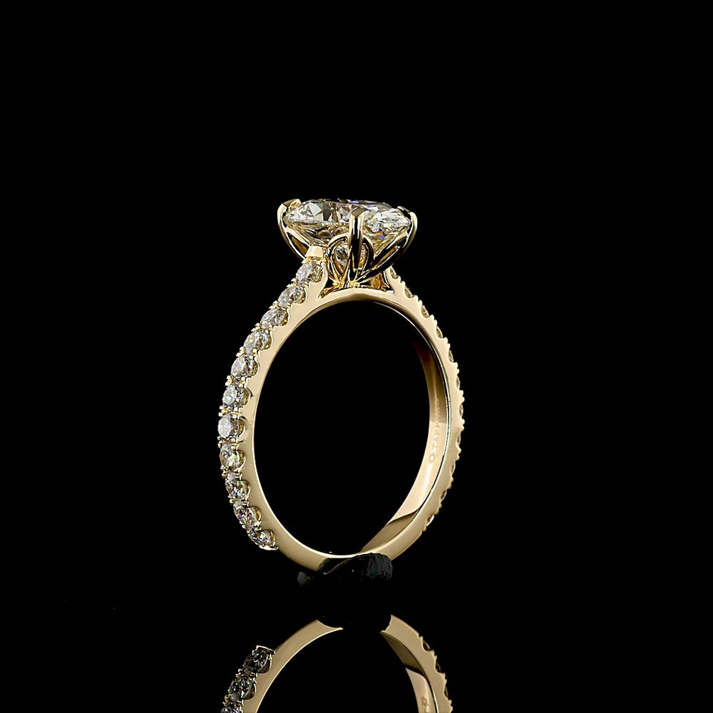14K Yellow Gold Oval Solitaire Shank Ring with 2.02 Carat Oval Lab Diamond Center and 0.73 Carat Brilliant Cut Accent Diamonds - Total 2.75 Carat - IGI Certified E VVS2 - Covaloro Fine Jewelry