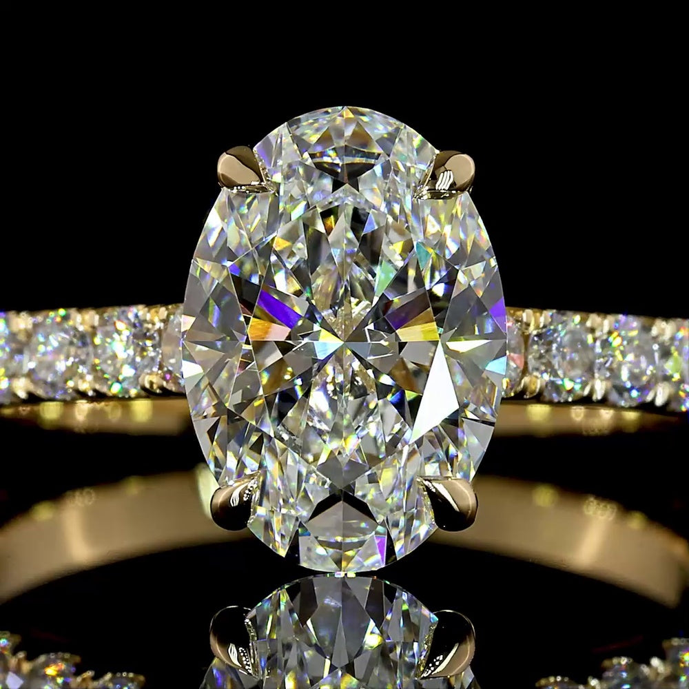 14K Yellow Gold Oval Solitaire Shank Ring with 2.02 Carat Oval Lab Diamond Center and 0.73 Carat Brilliant Cut Accent Diamonds - Total 2.75 Carat - IGI Certified E VVS2 - Covaloro Fine Jewelry