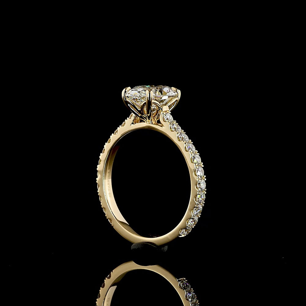 14K Yellow Gold Oval Solitaire Shank Ring with 2.02 Carat Oval Lab Diamond Center and 0.73 Carat Brilliant Cut Accent Diamonds - Total 2.75 Carat - IGI Certified E VVS2 - Covaloro Fine Jewelry