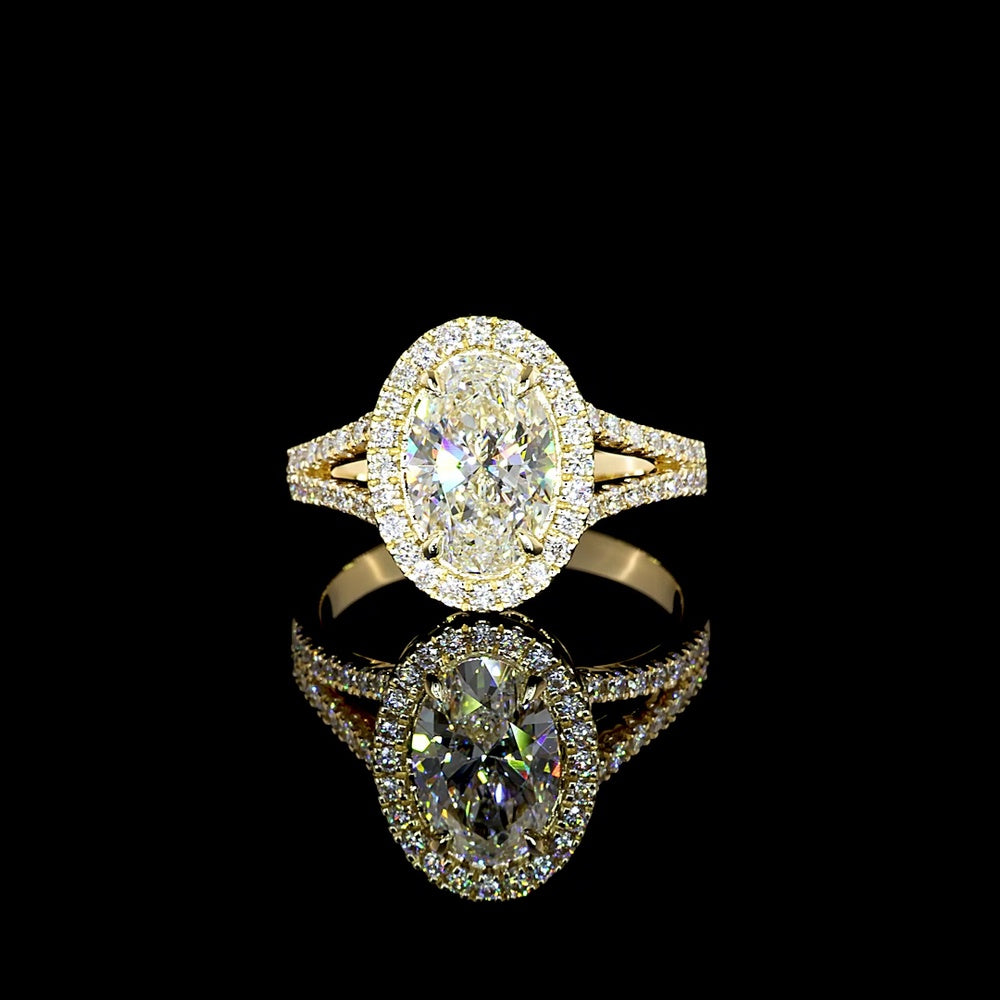 14K Yellow Gold Oval Split Shank Diamond Ring with Double Halo, 3.00 Carats Center E-VVS1 and 0.67 Carats Accent Diamonds - 3.67 Carats Total Diamond Weight - Covaloro Fine Jewelry