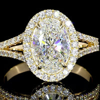 14K Yellow Gold Oval Split Shank Diamond Ring with Double Halo, 3.00 Carats Center E-VVS1 and 0.67 Carats Accent Diamonds - 3.67 Carats Total Diamond Weight - Covaloro Fine Jewelry