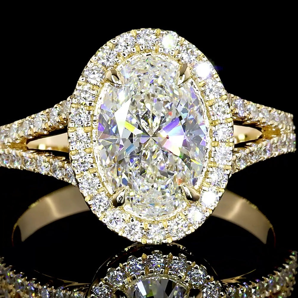 14K Yellow Gold Oval Split Shank Diamond Ring with Double Halo, 3.00 Carats Center E-VVS1 and 0.67 Carats Accent Diamonds - 3.67 Carats Total Diamond Weight - Covaloro Fine Jewelry