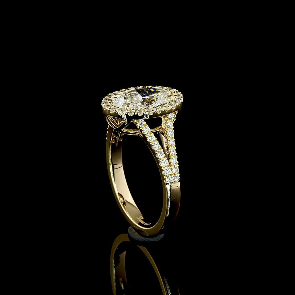 14K Yellow Gold Oval Split Shank Diamond Ring with Double Halo, 3.00 Carats Center E-VVS1 and 0.67 Carats Accent Diamonds - 3.67 Carats Total Diamond Weight - Covaloro Fine Jewelry