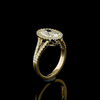 14K Yellow Gold Oval Split Shank Diamond Ring with Double Halo, 3.00 Carats Center E-VVS1 and 0.67 Carats Accent Diamonds - 3.67 Carats Total Diamond Weight - Covaloro Fine Jewelry