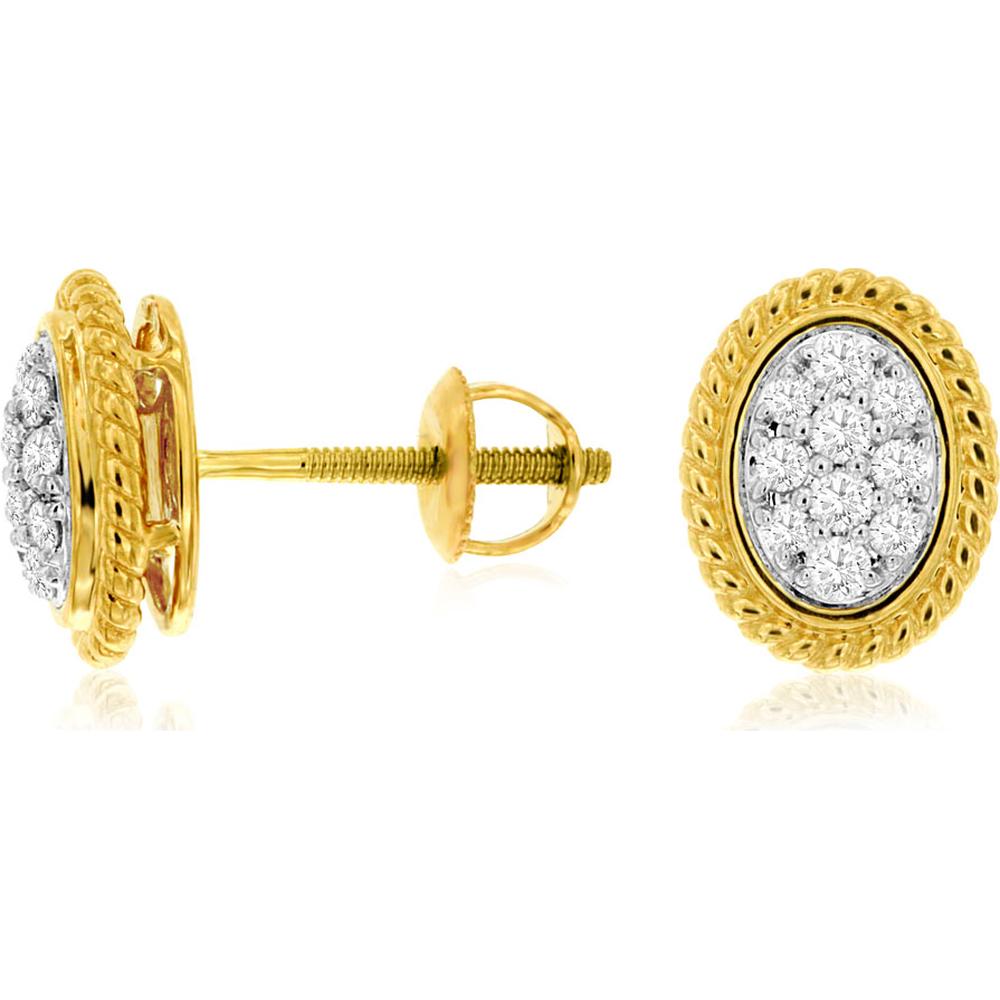 14K Yellow Gold Oval-Style Diamond Stud Earrings with Textured Rope Border and Round Diamonds - 0.22 Carat Total Diamond Weight - Royal Jewelry