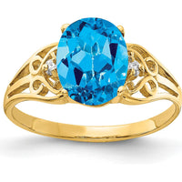 14K Yellow Gold Oval Swiss Blue Topaz and Diamond Ring - 2.30 Carat Topaz, 0.017 Carat Diamonds by Monteluci Fine Jewelry