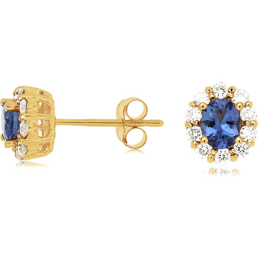 14K Yellow Gold Oval Tanzanite and Diamond Halo Stud Earrings - 0.70 Carat Total Tanzanite Weight, 0.45 Carat Total Diamond Weight - Royal Jewelry