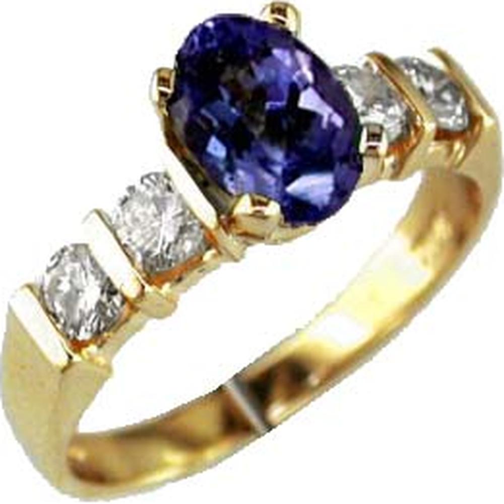 14K Yellow Gold Oval Tanzanite and Round Diamond Ring - 1.30 Carat Tanzanite, 0.60 Carat Diamonds - Royal Jewelry