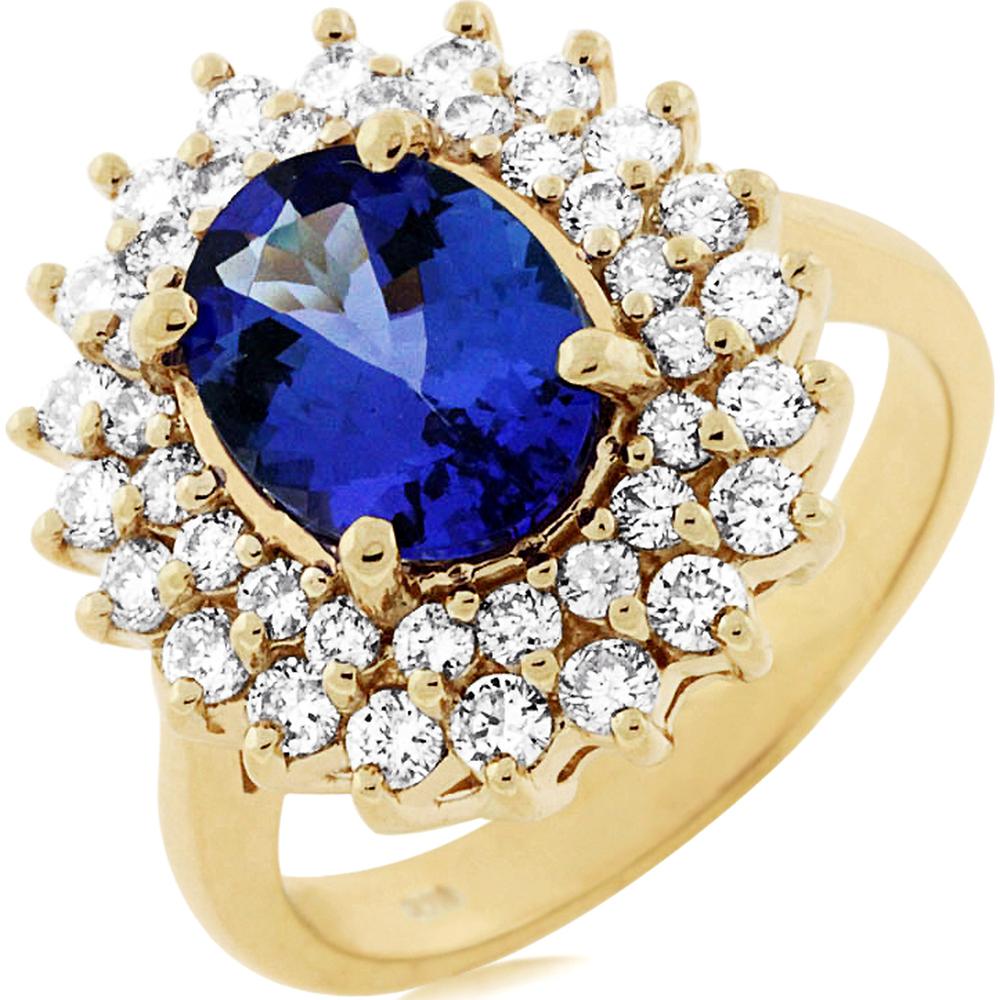 14K Yellow Gold Oval Tanzanite Halo Ring with Round Diamonds - 2.90 Carat Tanzanite and 1.00 Carat Total Diamond Weight - Royal Jewelry