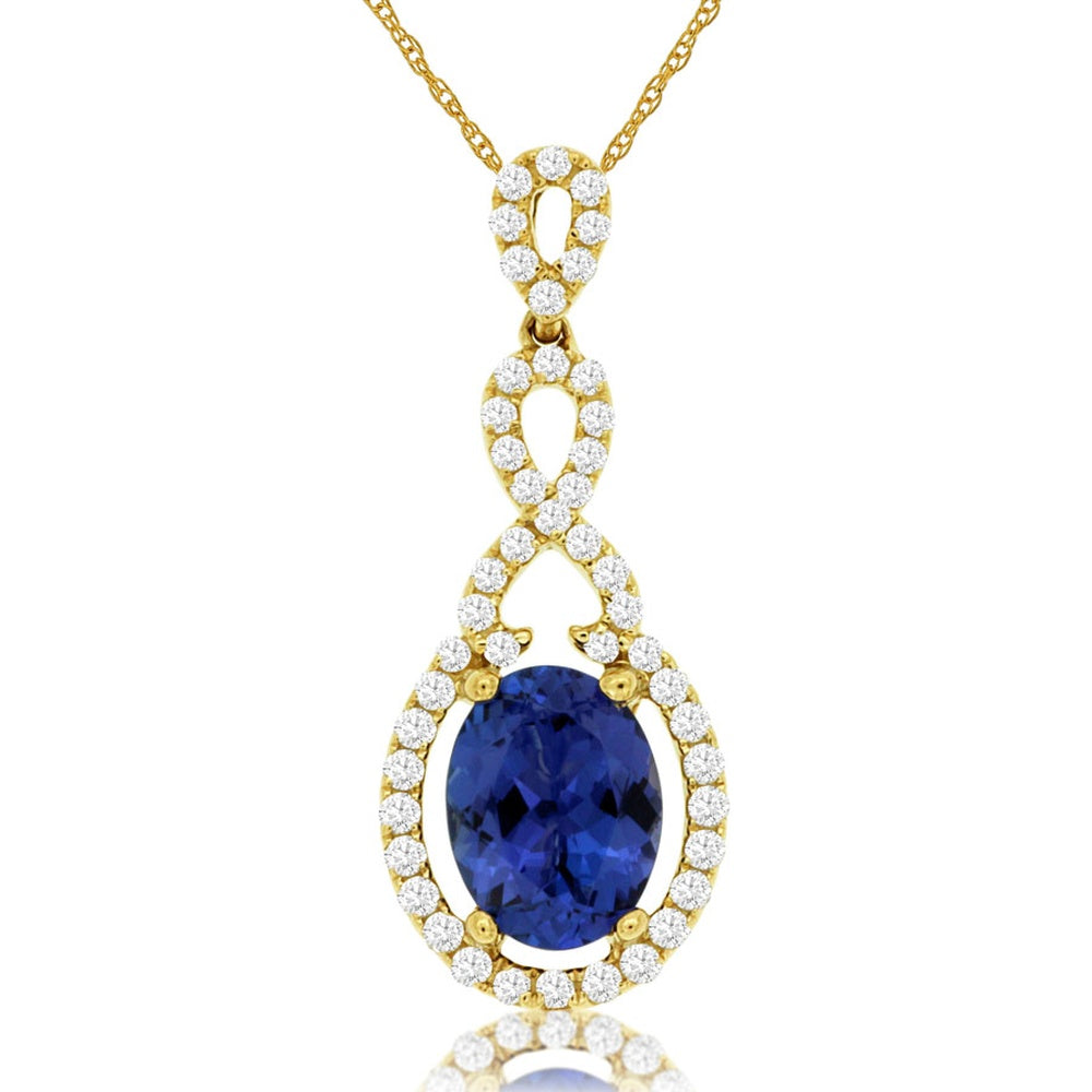 14K Yellow Gold Oval Tanzanite Pendant Necklace with Diamond Halo Detail - 1.30 Carat Tanzanite and 0.26 Carat Total Diamond Weight - Royal Jewelry