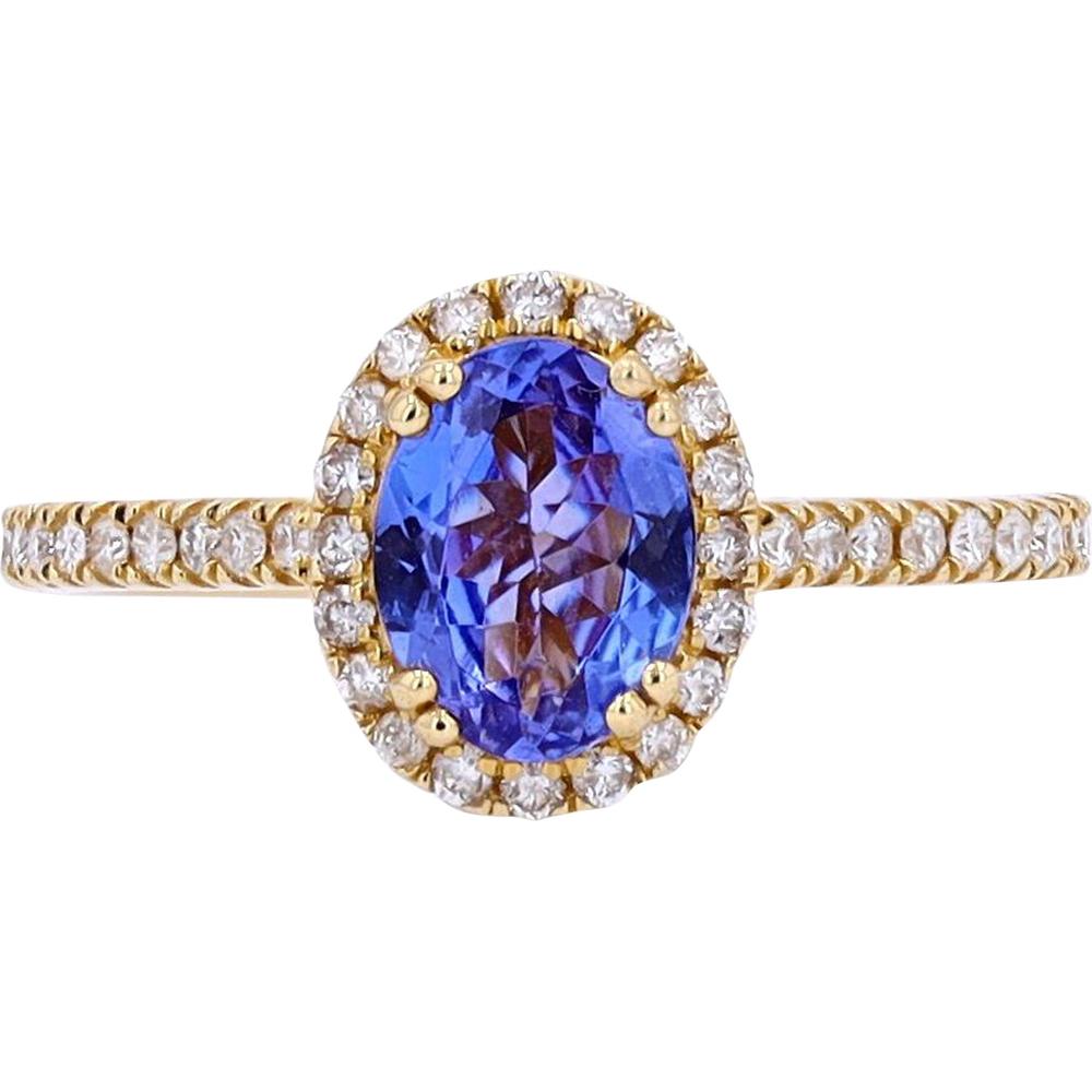 14K Yellow Gold Oval Tanzanite Ring with Diamond Halo - 0.29 Carats Total Diamond Weight