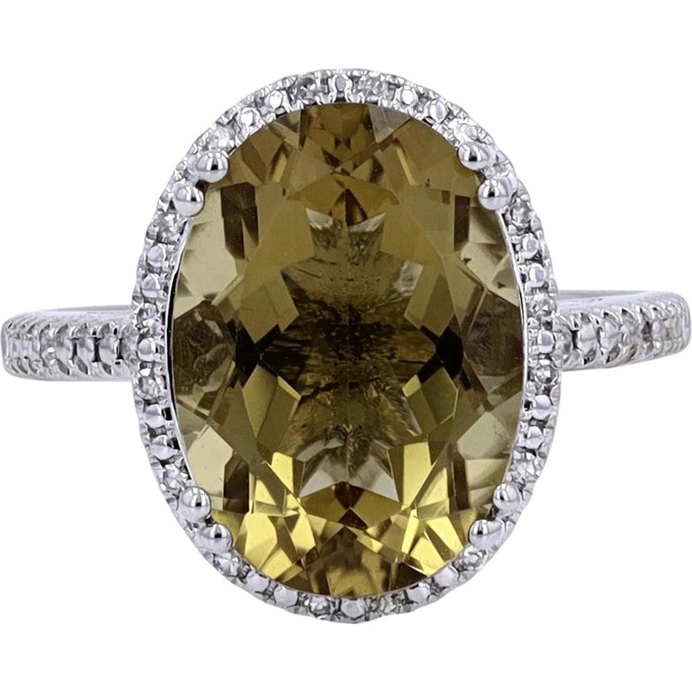 14K Yellow Gold Oval Whiskey Quartz Cocktail Ring with Diamond Halo - 4.45 Carats Gemstone and 0.08 Carats Diamonds