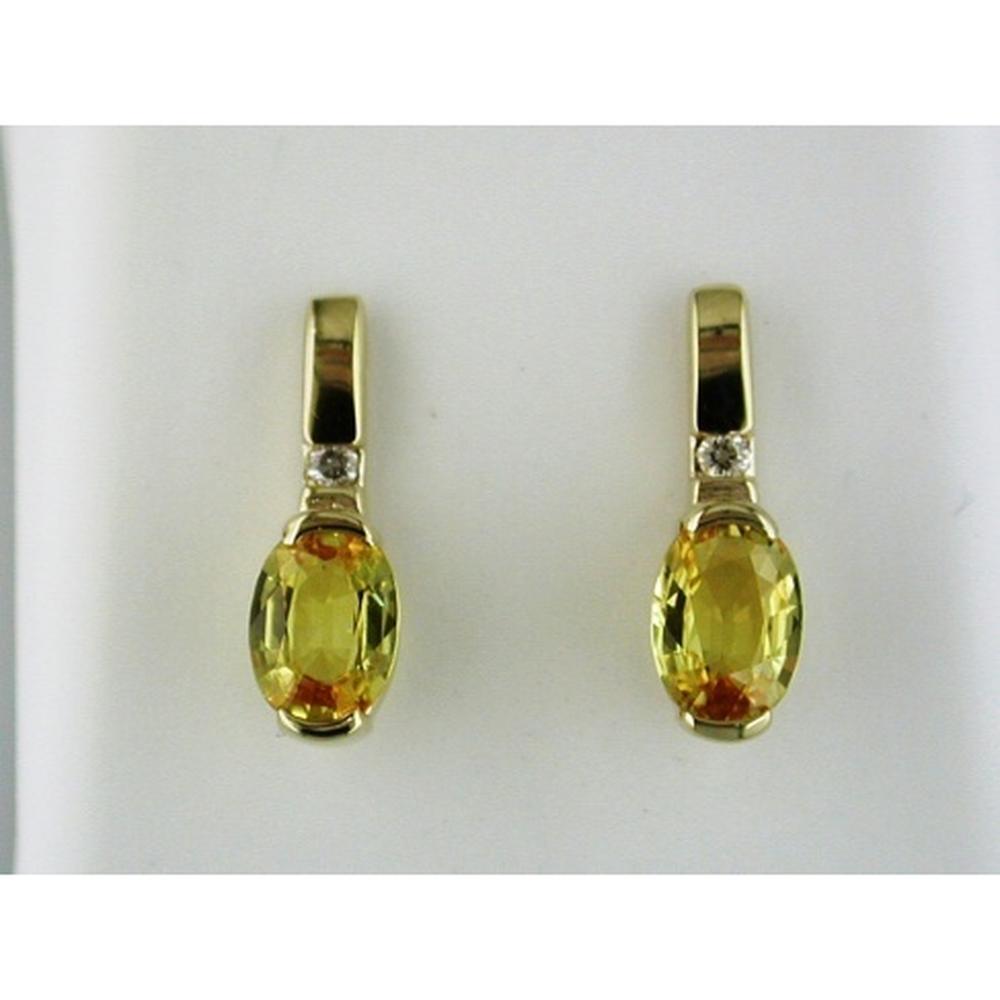 14K Yellow Gold Oval Yellow Sapphire and Diamond Drop Earrings - 1.85 Carat Total Yellow Sapphire Weight, 0.05 Carat Total Diamond Weight - Royal Jewelry