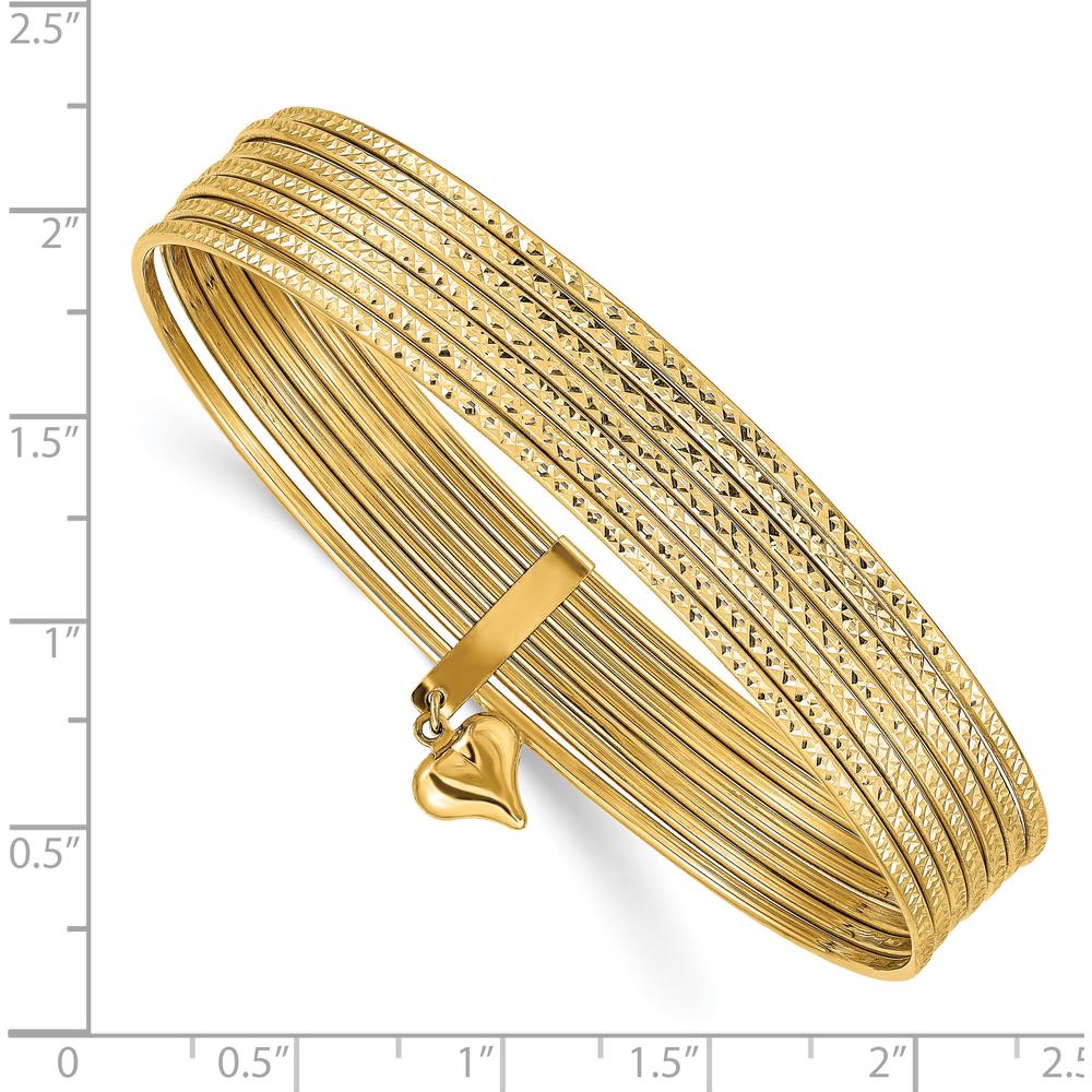 14K Yellow Gold Oversized Textured and Polished 7-Strand Bangle Bracelet with Dangle Heart Charm by Oro Pregiato