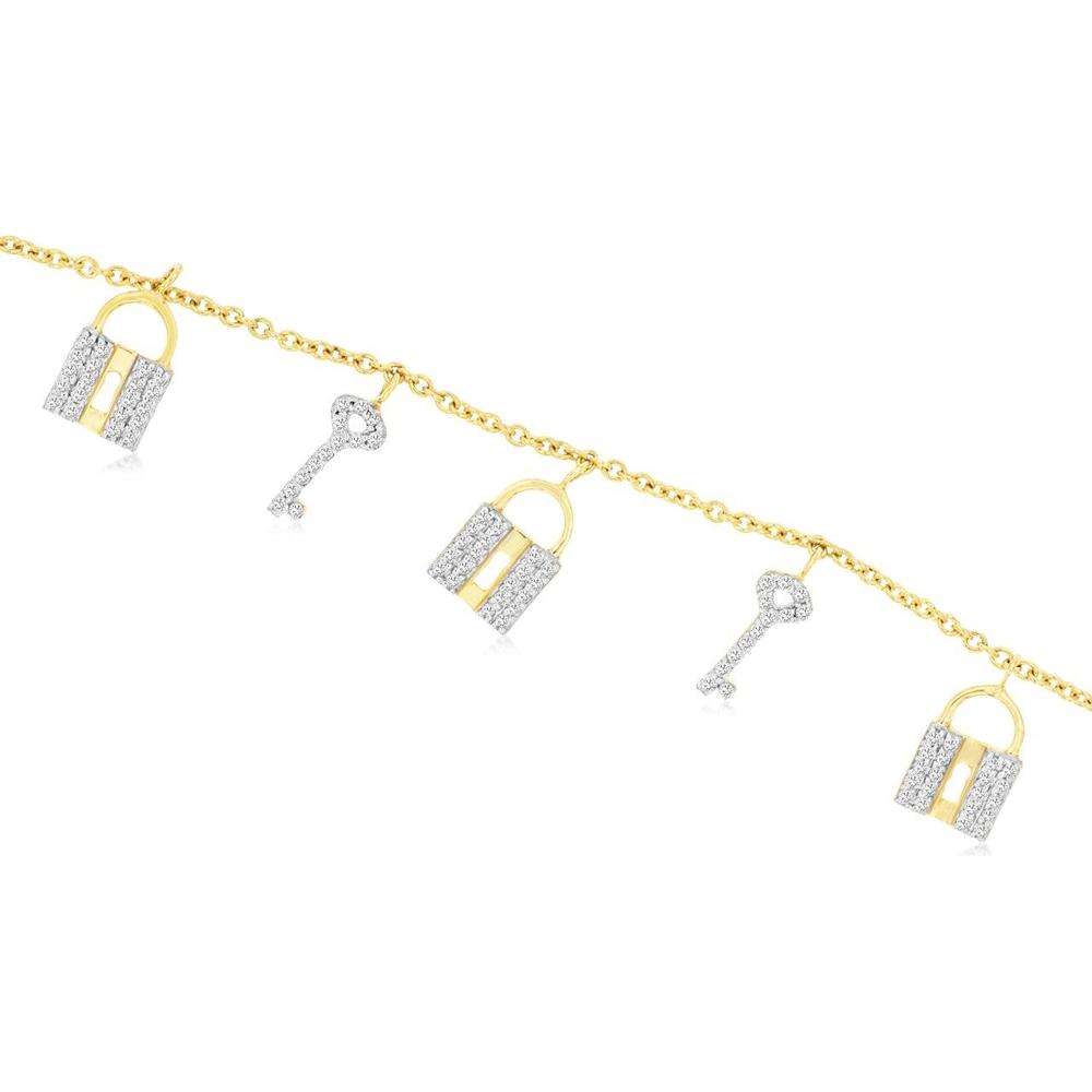 14K Yellow Gold Padlock and Key Charm Bracelet with Pavé Set Round Diamonds - 0.22 Carat Total Diamond Weight - Royal Jewelry