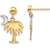 14K Yellow Gold Palm Tree and Crescent Moon Drop Earrings - Polished Finish by 0