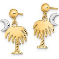 14K Yellow Gold Palm Tree and Crescent Moon Drop Earrings - Polished Finish by 0