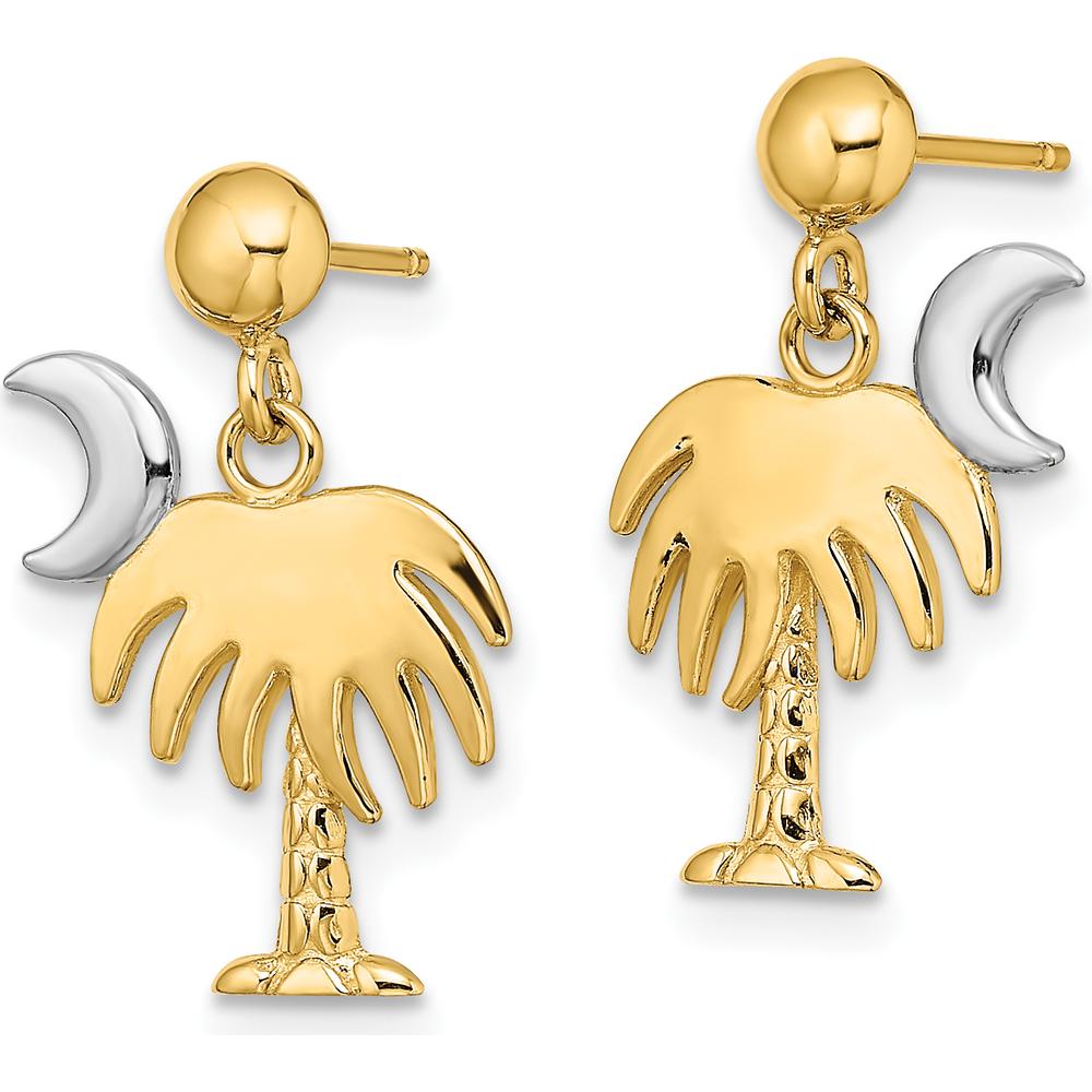 14K Yellow Gold Palm Tree and Crescent Moon Drop Earrings - Polished Finish by 0