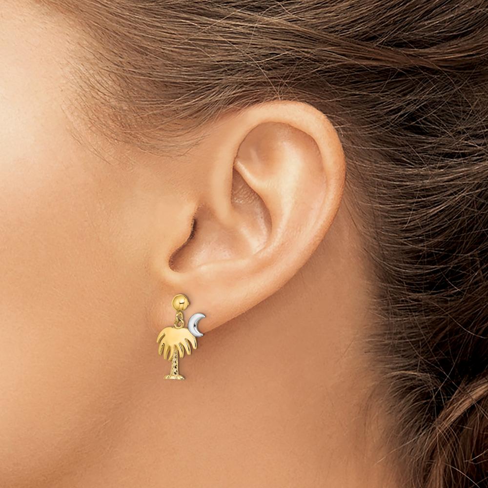 14K Yellow Gold Palm Tree and Crescent Moon Drop Earrings - Polished Finish by 0