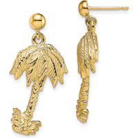 14K Yellow Gold Palm Tree Dangle Earrings - 29.3mm Length by 0