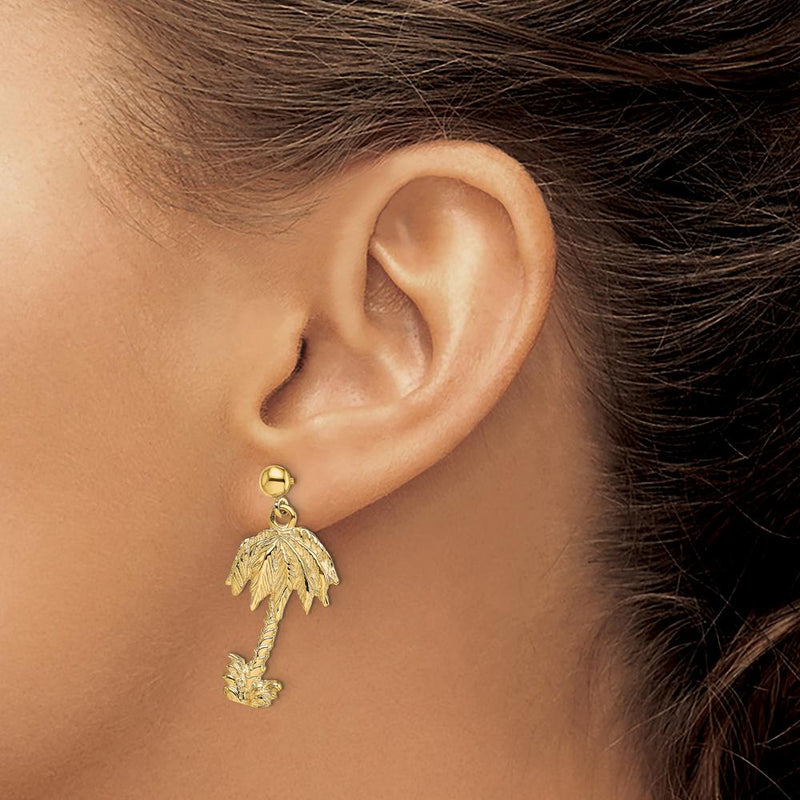 14K Yellow Gold Palm Tree Dangle Earrings - 29.3mm Length by 0