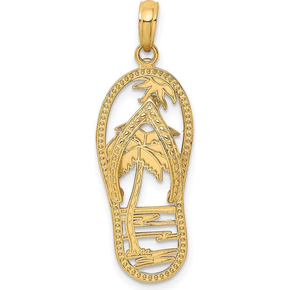 14K Yellow Gold Palm Tree Flip Flop Charm Pendant - Tropical Beach Design by Oro Pregiato