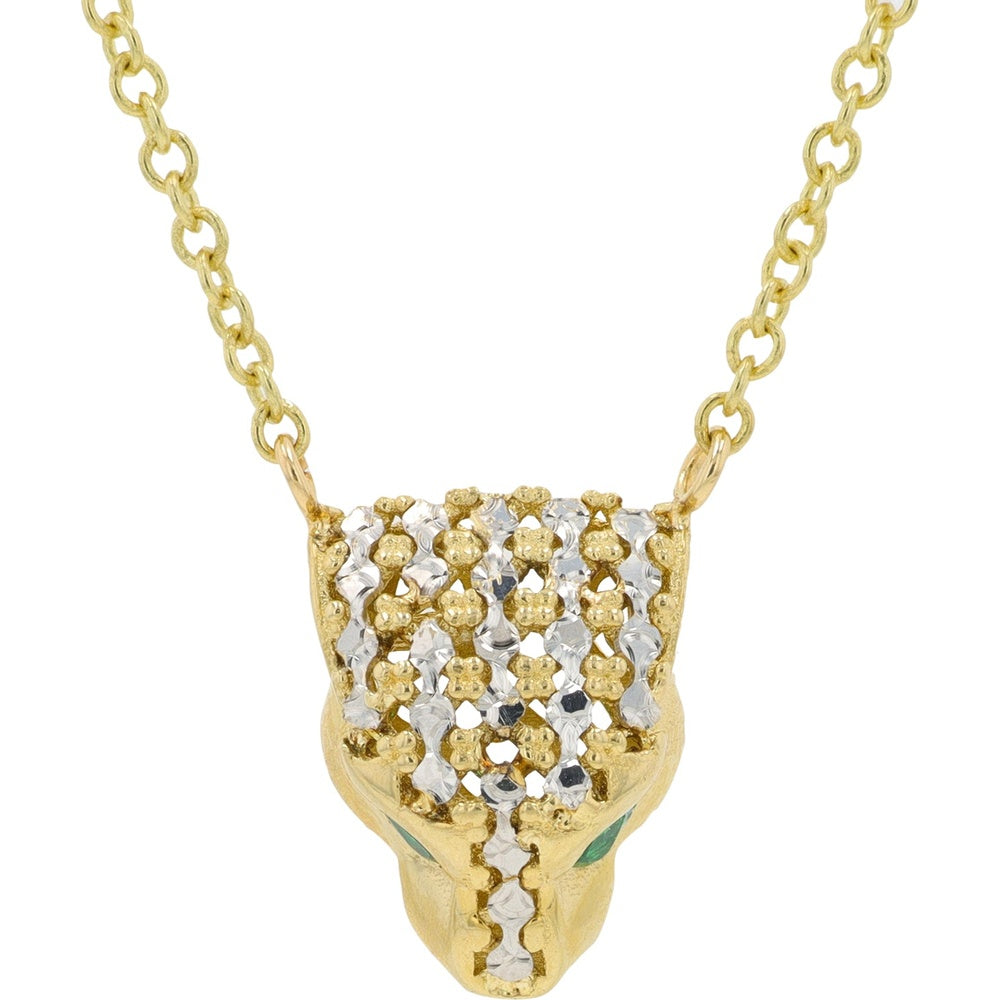 14K Yellow Gold Panther Head Pendant Necklace with Two-Tone Textured Detailing and Enamel Accents - 18 Inch Cable Chain