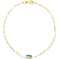 14K Yellow Gold Paperclip Bracelet with 6x4mm Baguette Blue Topaz Center - 7" by Orozza Fine Jewelry