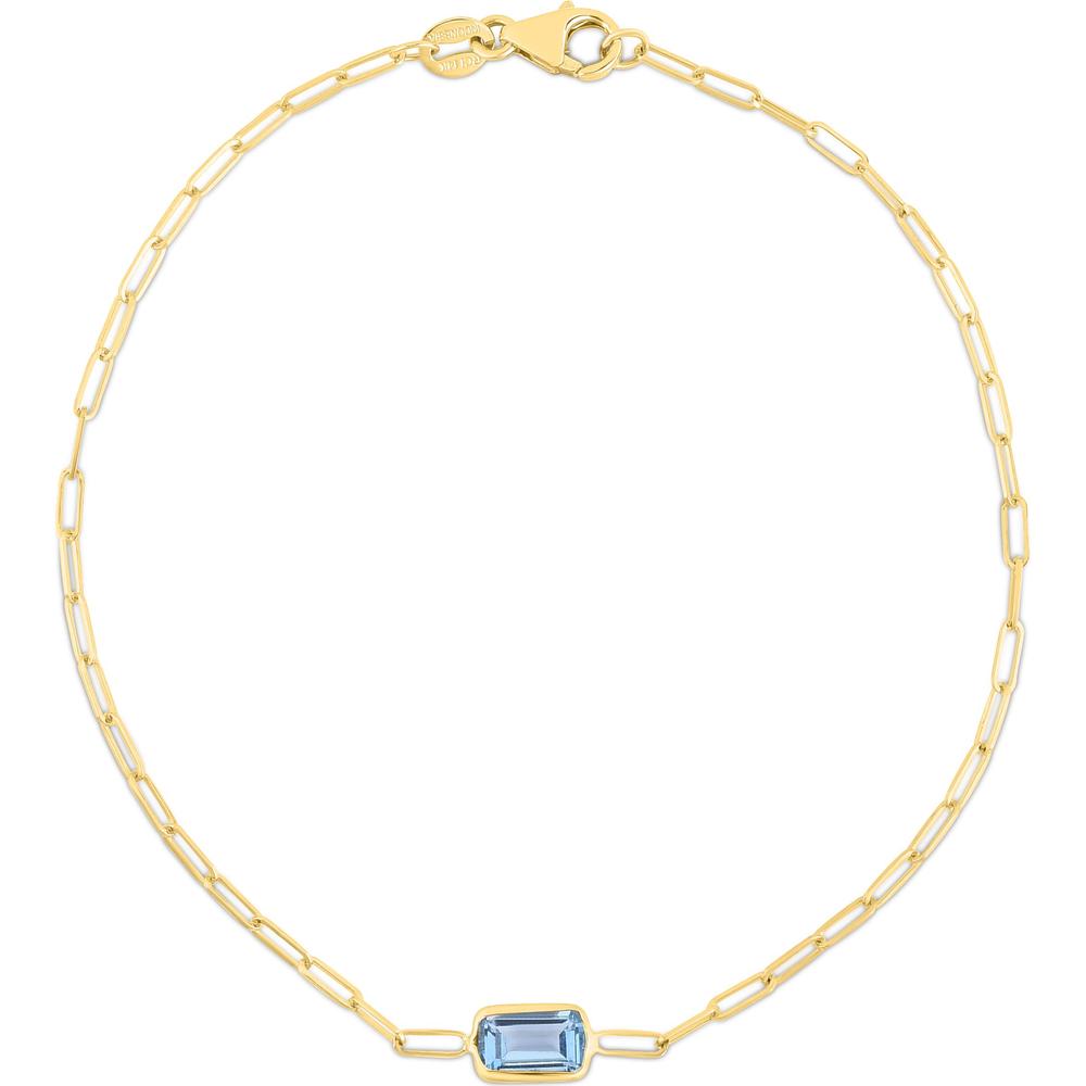 14K Yellow Gold Paperclip Bracelet with 6x4mm Baguette Blue Topaz Center - 7" by Orozza Fine Jewelry