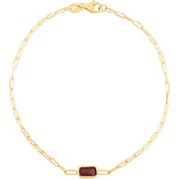 14K Yellow Gold Paperclip Chain Bracelet - 7" with Baguette Garnet - 6x4mm Garnet Center Element by Orozza Fine Jewelry