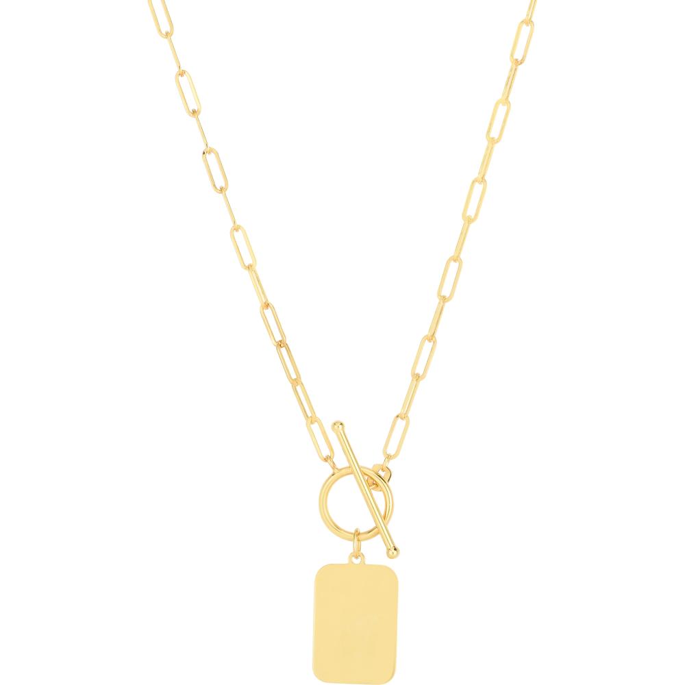 14K Yellow Gold Paperclip Chain Tag Necklace with Toggle Clasp - 18" by Orozza Fine Jewelry