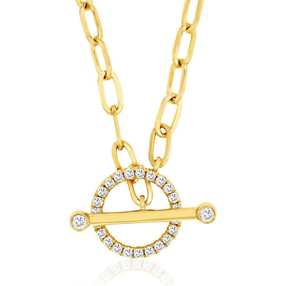 14K Yellow Gold Paperclip Chain Toggle Necklace with Prong and Bezel-Set Round Diamonds - 0.23 Carat Total Diamond Weight - Royal Jewelry