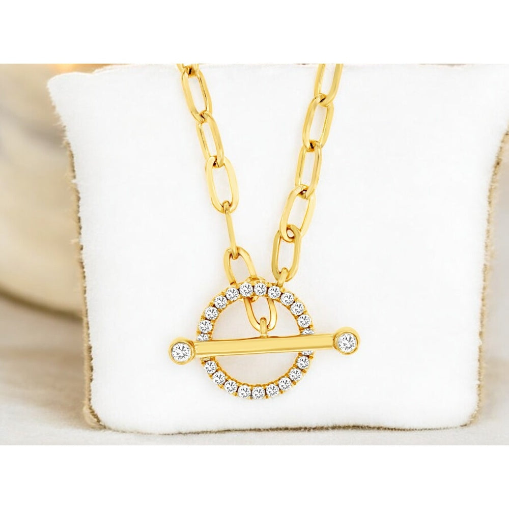 14K Yellow Gold Paperclip Chain Toggle Necklace with Prong and Bezel-Set Round Diamonds - 0.23 Carat Total Diamond Weight - Royal Jewelry