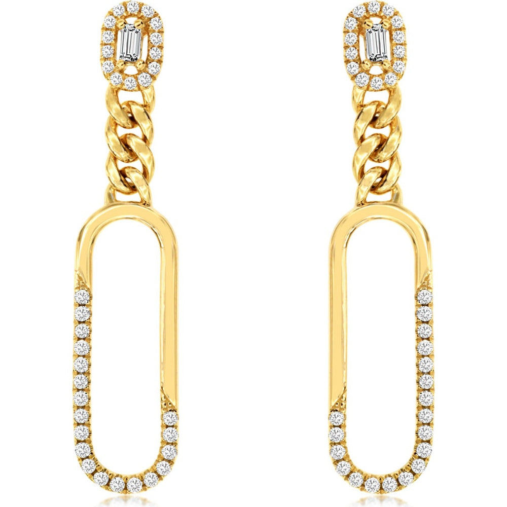 14K Yellow Gold Paperclip Drop Earrings with Halo Set Baguette and Pavé Round Diamonds - 0.41 Carat Total Diamond Weight - Royal Jewelry