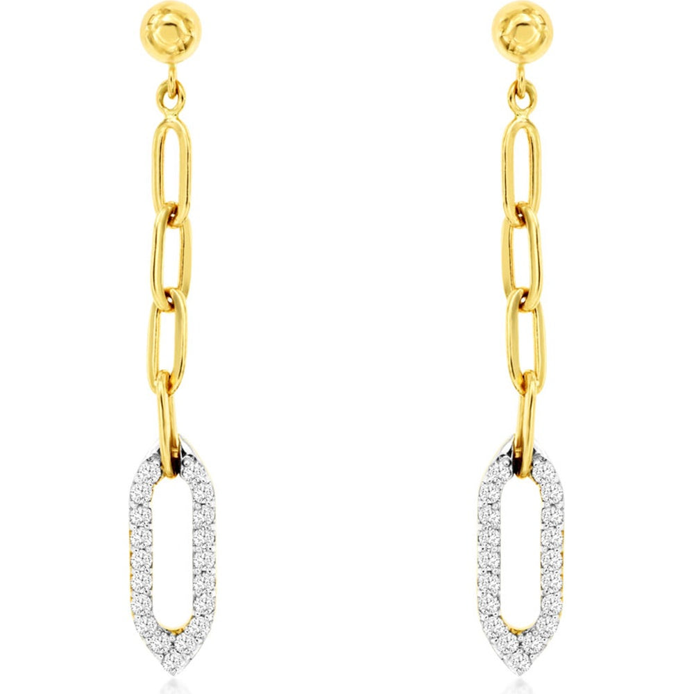 14K Yellow Gold Paperclip Drop Earrings with Pave Set Round Diamonds - 0.40 Carat Total Diamond Weight - Royal Jewelry