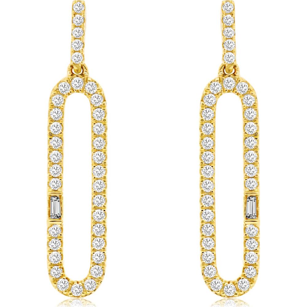 14K Yellow Gold Paperclip Drop Earrings with Round and Baguette Diamonds - 0.50 Total Carat Weight - Royal Jewelry