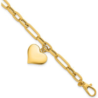 14K Yellow Gold Paperclip Figaro Link Bracelet with Puffed Heart Charm - 7.5" Length by 0