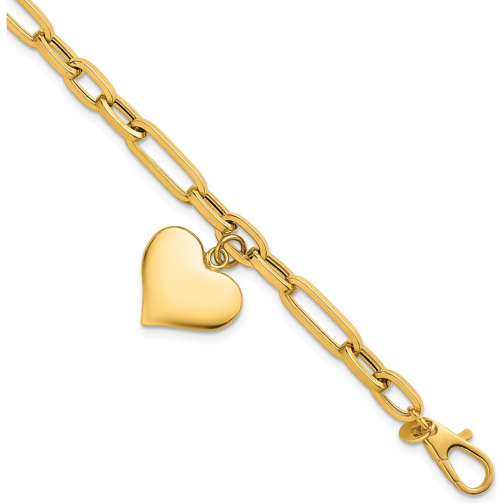 14K Yellow Gold Paperclip Figaro Link Bracelet with Puffed Heart Charm - 7.5" Length by 0