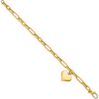 14K Yellow Gold Paperclip Figaro Link Bracelet with Puffed Heart Charm - 7.5" Length by 0