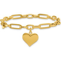14K Yellow Gold Paperclip Figaro Link Bracelet with Puffed Heart Charm - 7.5" Length by 0