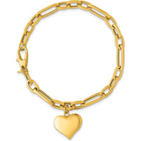 14K Yellow Gold Paperclip Figaro Link Bracelet with Puffed Heart Charm - 7.5" Length by 0