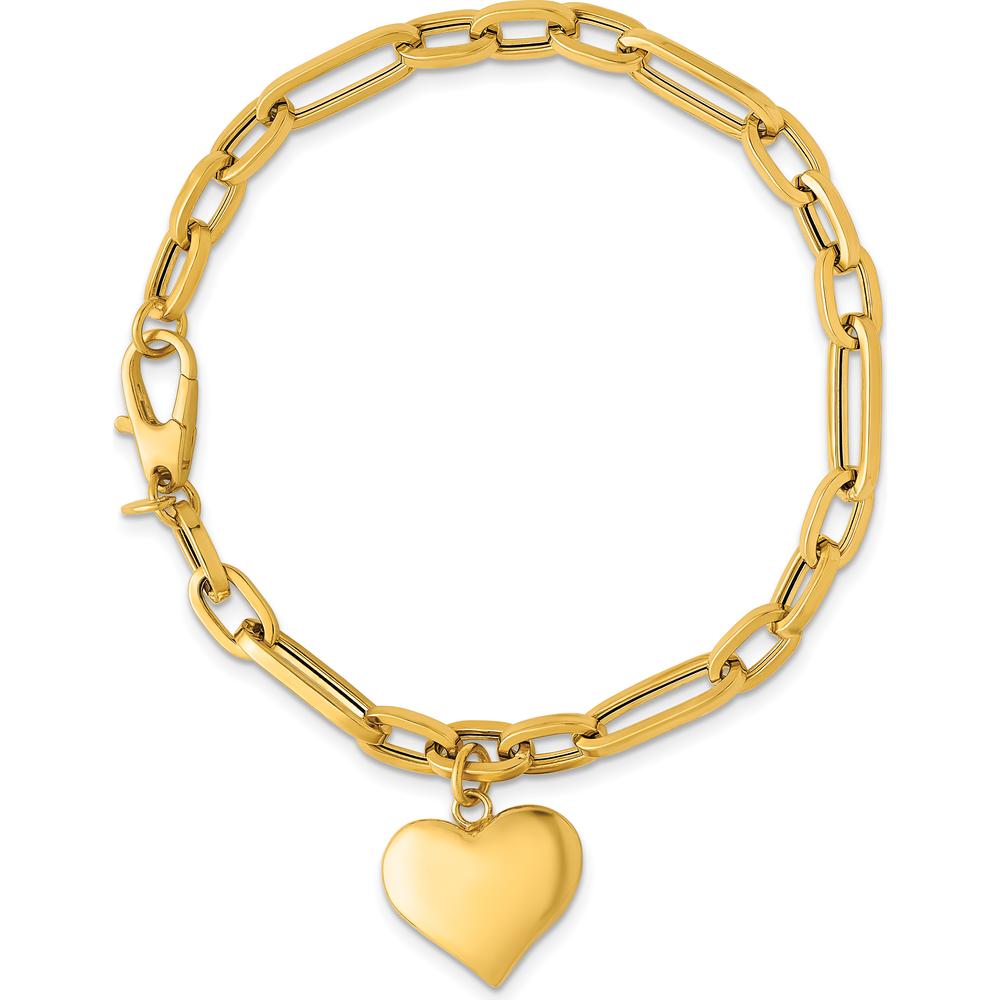 14K Yellow Gold Paperclip Figaro Link Bracelet with Puffed Heart Charm - 7.5" Length by 0