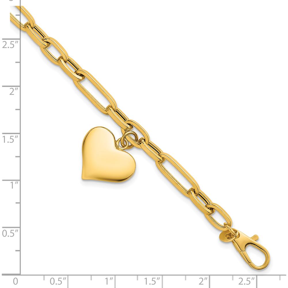 14K Yellow Gold Paperclip Figaro Link Bracelet with Puffed Heart Charm - 7.5" Length by 0