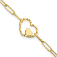 14K Yellow Gold Paperclip Link Bracelet with Double Heart Motif - 7.25 Inch by 0