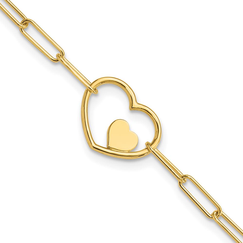14K Yellow Gold Paperclip Link Bracelet with Double Heart Motif - 7.25 Inch by 0