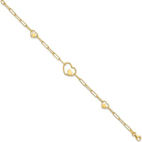 14K Yellow Gold Paperclip Link Bracelet with Double Heart Motif - 7.25 Inch by 0
