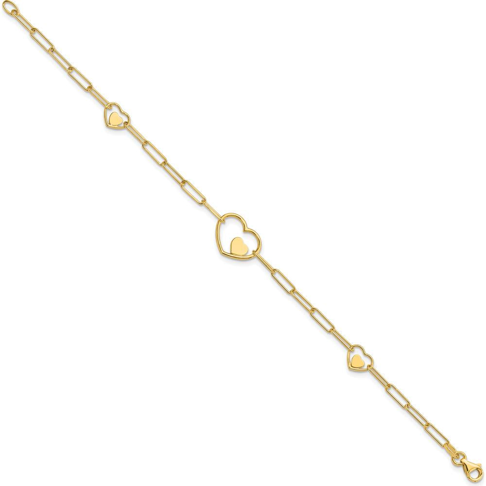 14K Yellow Gold Paperclip Link Bracelet with Double Heart Motif - 7.25 Inch by 0