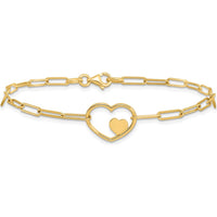 14K Yellow Gold Paperclip Link Bracelet with Double Heart Motif - 7.25 Inch by 0