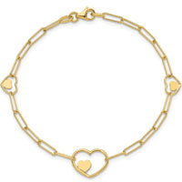 14K Yellow Gold Paperclip Link Bracelet with Double Heart Motif - 7.25 Inch by 0