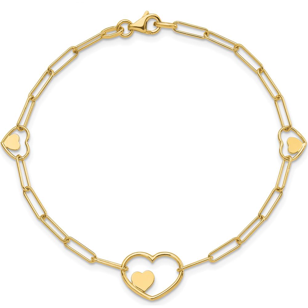 14K Yellow Gold Paperclip Link Bracelet with Double Heart Motif - 7.25 Inch by 0